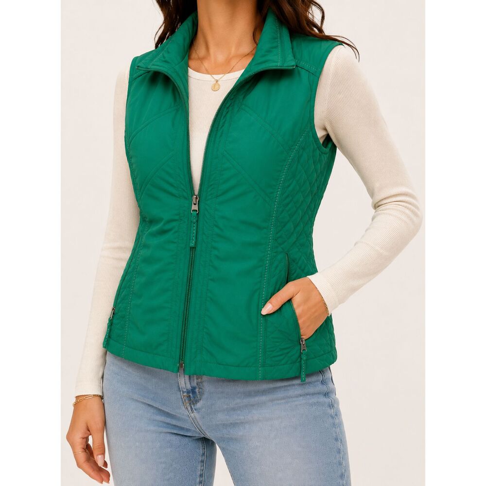 Coldwater Creek 1X Green Quilted Puffer Vest Plus Size Full Zip Coastal Grandma